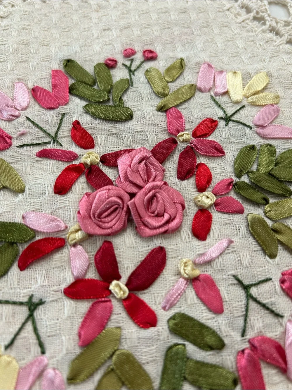 Mexican Artisanal Handmade Crochet Lace Table Runner Floral Ribbon Embroidered.